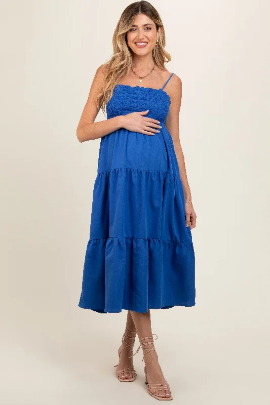 Boho DressRoyal Blue Smocked Cut-Out Back Tiered Maternity Midi Dress