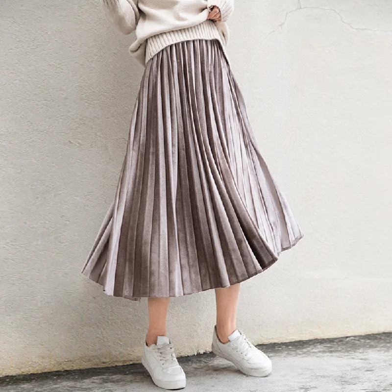 Spring 2018 Women Long Metallic Silver Maxi Pleated Skirt Midi Skirt High Waist Elascity Casual Party SkirtCasual Skirt