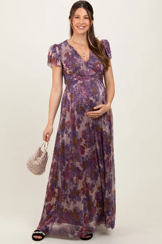 Prom DressViolet Floral Metallic Flutter Sleeve Maternity Maxi Dress