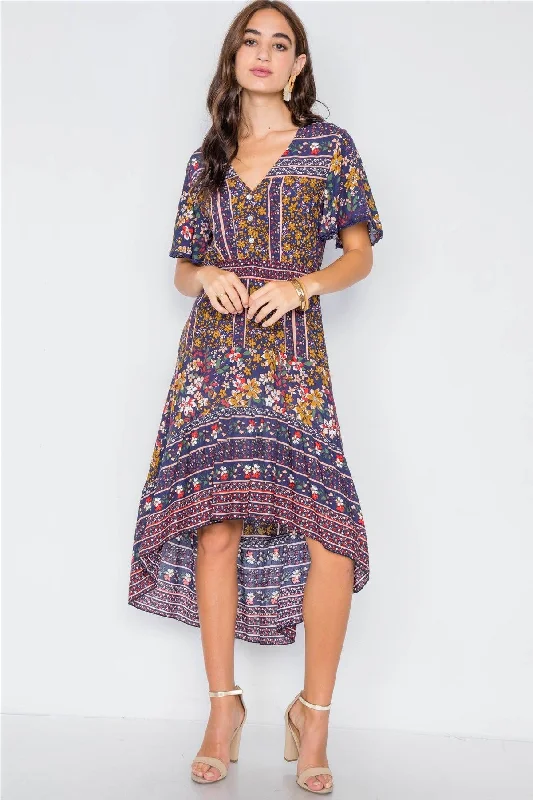 Shirt DressNavy Floral High-Low V-Neck Midi Dress /1-2-2