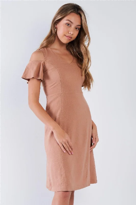 Ballet DressNude V-neck Linen Cold Shoulder Sun Dress /1-2-2-1