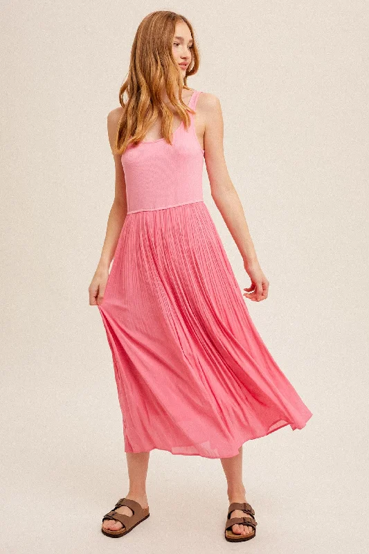 Scoop Neck Pleated Skirt Tank DressWind Skirt