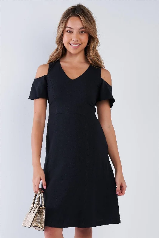 Cheerleader DressBlack V-neck Linen Cold Shoulder Midi Dress /1-2-2-1