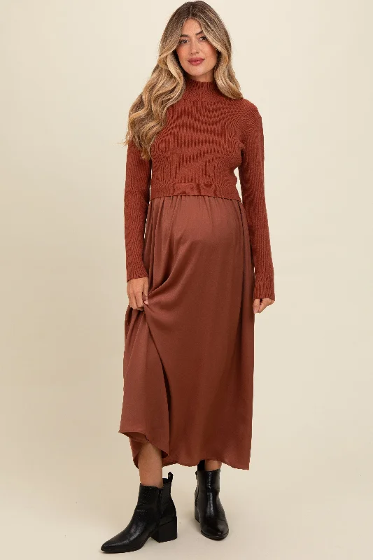 Athletic DressBrown Knit Contrast Top Satin Maternity Midi Dress