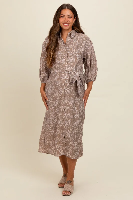 Retro DressMocha Leaf Print Button Down Front Tie Maternity Midi Dress