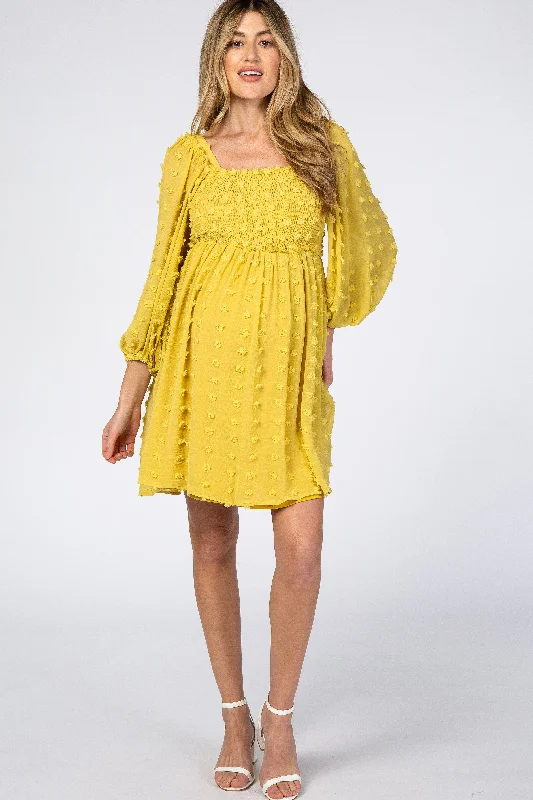 Bridal GownYellow Textured Dot Smocked Square Neck Chiffon Maternity Dress