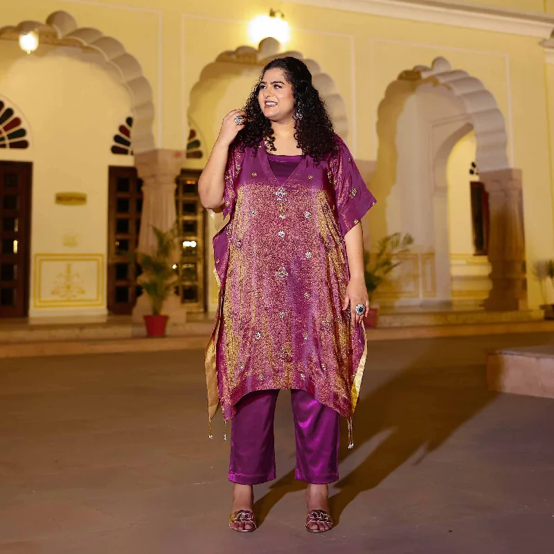 Gold & Plum Pure Tissue Silk Cutdana Kaftan Set