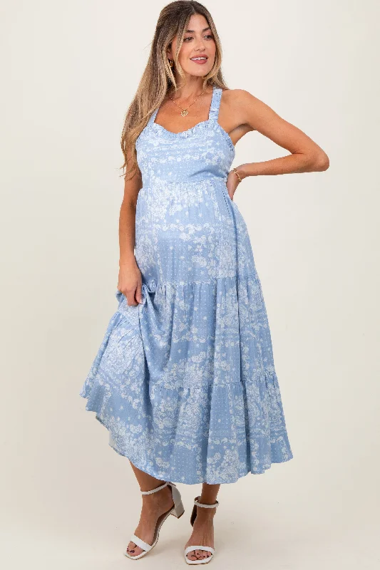 Ball DressLight Blue Floral Tiered Crisscross Back Maternity Midi Dress