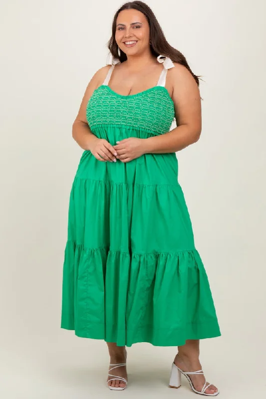 Puff-sleeve DressGreen Ribbon Strap Tiered Plus Maxi Dress