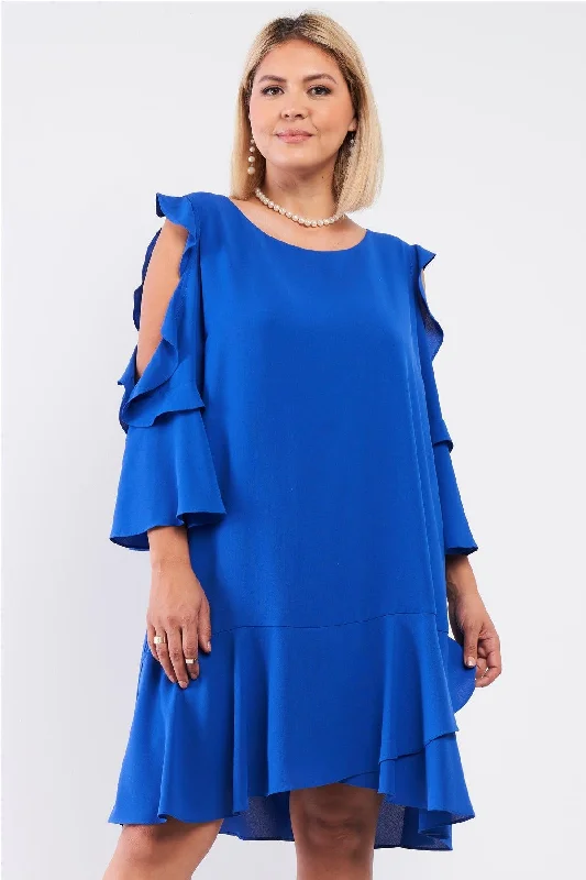 Edwardian DressJunior Plus Royal Blue Midi Sleeve Flare Hem Layered Bottom Off-The-Shoulder Mini Dress /1-1-1