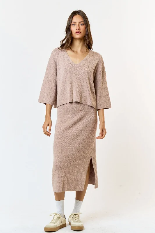 Mocha Textured Knit Top And Midi Skirt SetFleece-lined Skirt