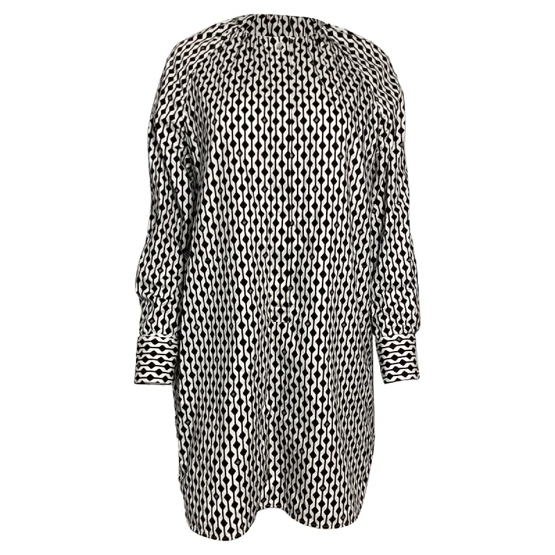 Max Mara Nievo Geometric Print Long Sleeve Tunic Dress in Black and White Cotton