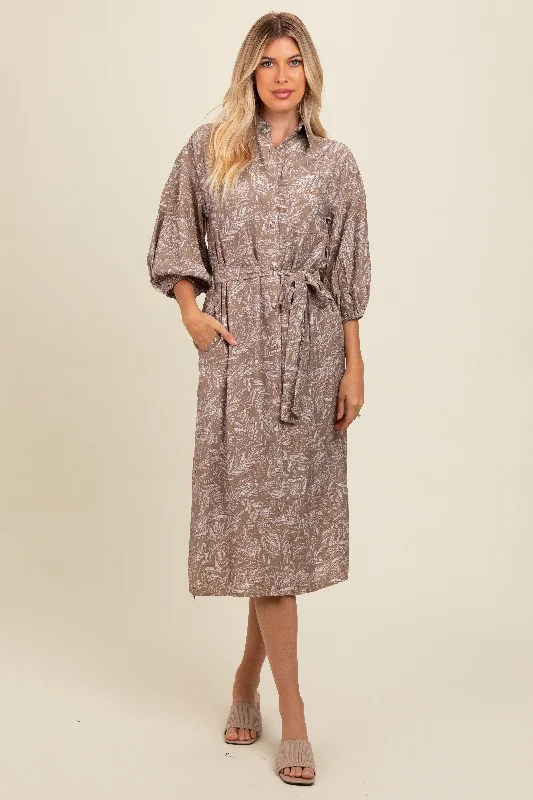 Ethnic DressMocha Leaf Print Button Down Front Tie Midi Dress