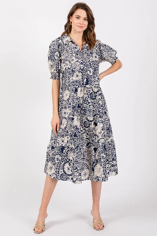 A-line DressNavy Blue Floral Collared Tiered Midi Dress