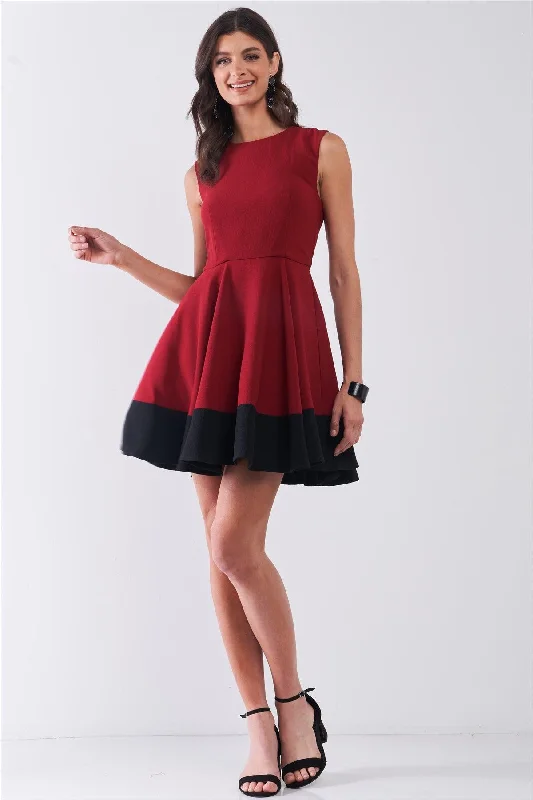 Halter DressWine Red & Black Hem Detail Sleeveless A-Line Flare Mini Dress /1-3-2