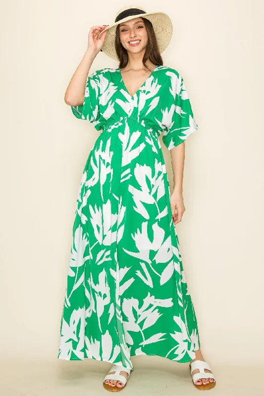 Waterproof DressGreen Floral Double V-Neck Front Slit Maxi Dress