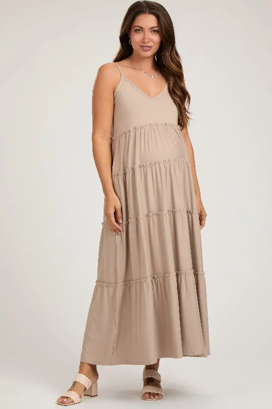 Sequin DressTaupe Tiered Sleeveless Maternity Maxi Dress