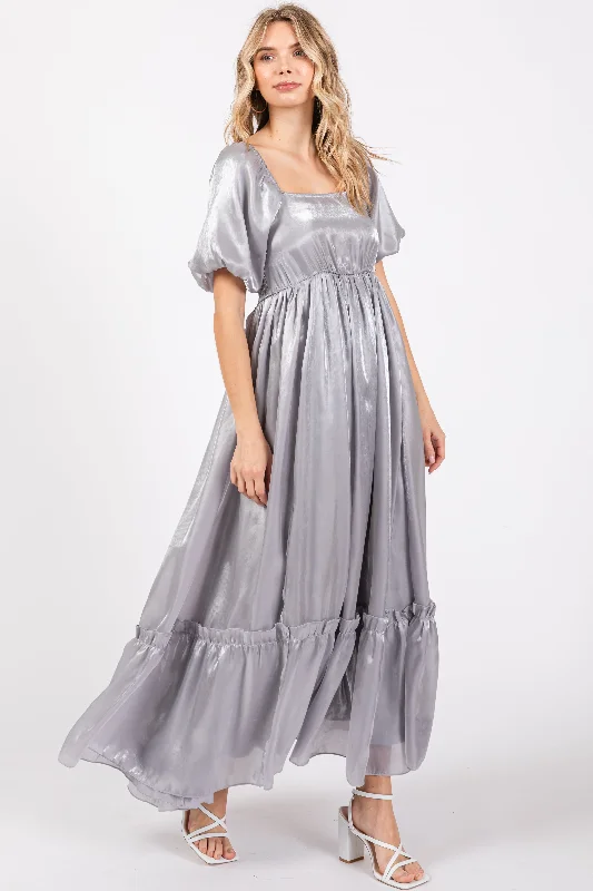 Gala DressSilver Satin Square Neck Short Puff Sleeve Maxi Dress