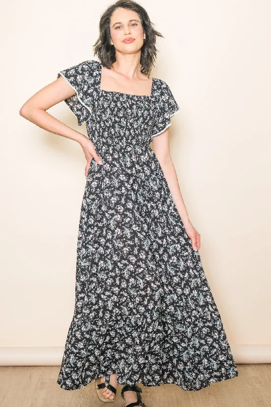 Off-the-shoulder DressBlack Floral Smocked Crochet Trim Dress