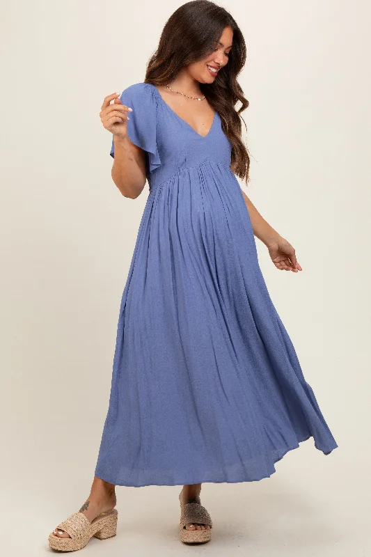 Reflective DressBlue V-Neck Flutter Short Sleeve Maternity Midi Dress