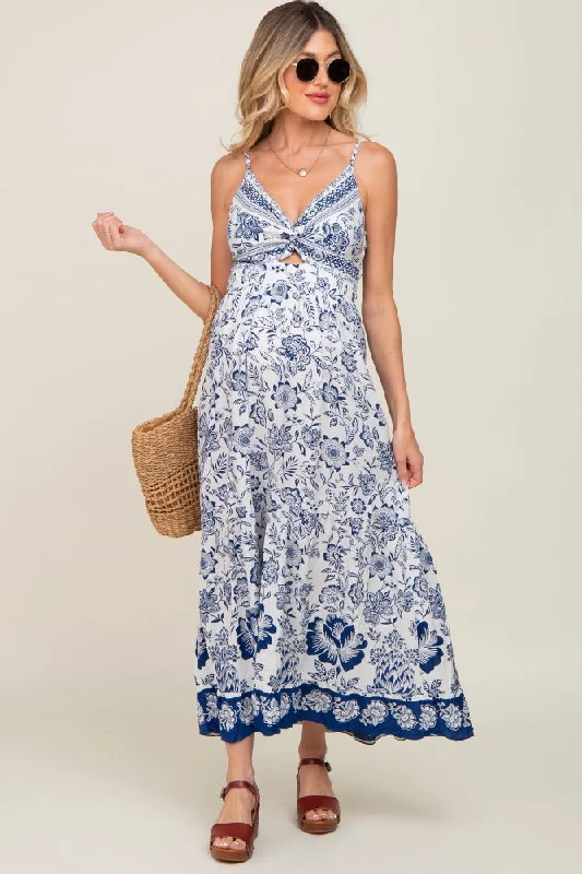 Crinoline DressNavy Blue Floral Front Twist Maternity Maxi Dress