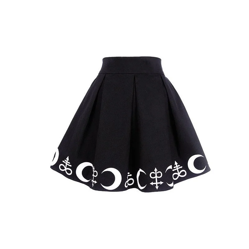 Harajuku Punk Rock Gothic Summer Women Skirt Moon Print Hight Waist Mini Skirt Pleated Tutu SkirtPeplum Skirt