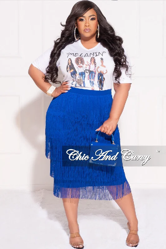 Final Sale Plus Size High Waist Fringe Tiered Midi Pencil Skirt in Royal BlueMaxi Skirt