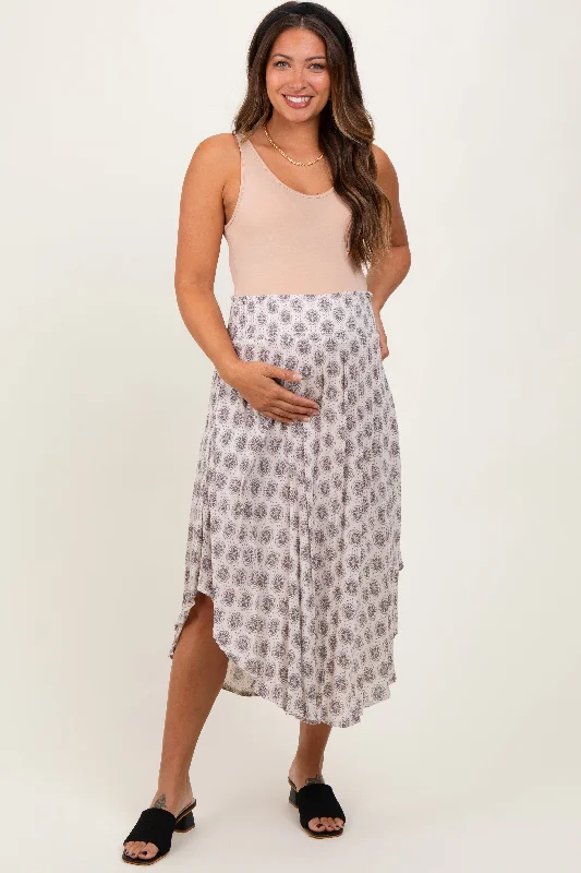 Grey Damask Print Smocked Waistband Maternity Midi SkirtTiered Skirt