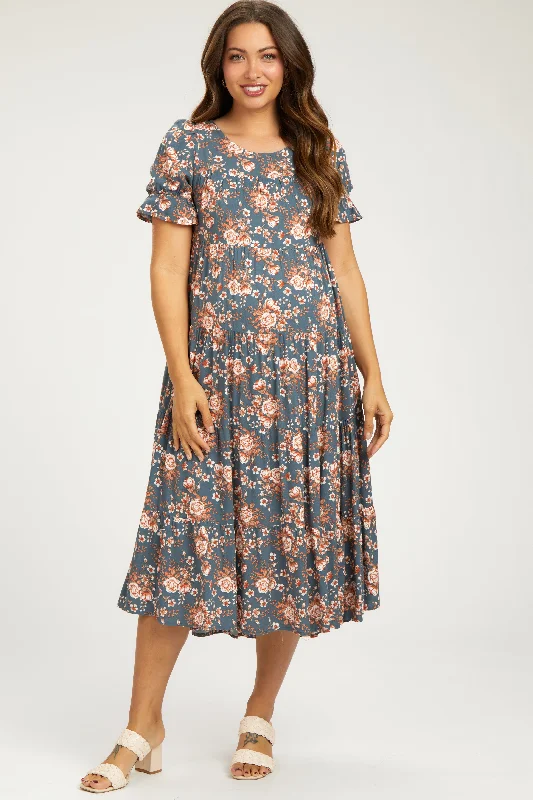 Opaque DressBlue Floral Ruffle Short Sleeve Tiered Maternity Midi Dress