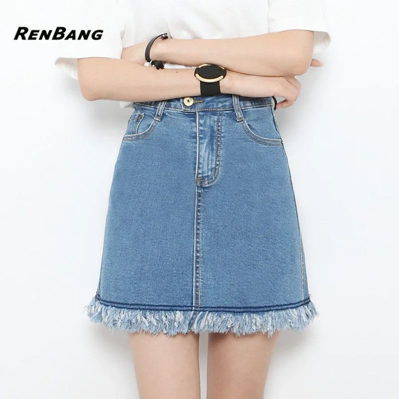 RENBANG 2018 New Summer Plus Size Women Skirt US A-line High Waist Denim Skirts Short Vintage Woman cowgirl Mini Jeans SkirtEmbroidered Skirt