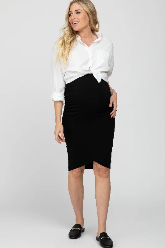 Black Ruched Maternity Wrap Pencil SkirtRomper Skirt