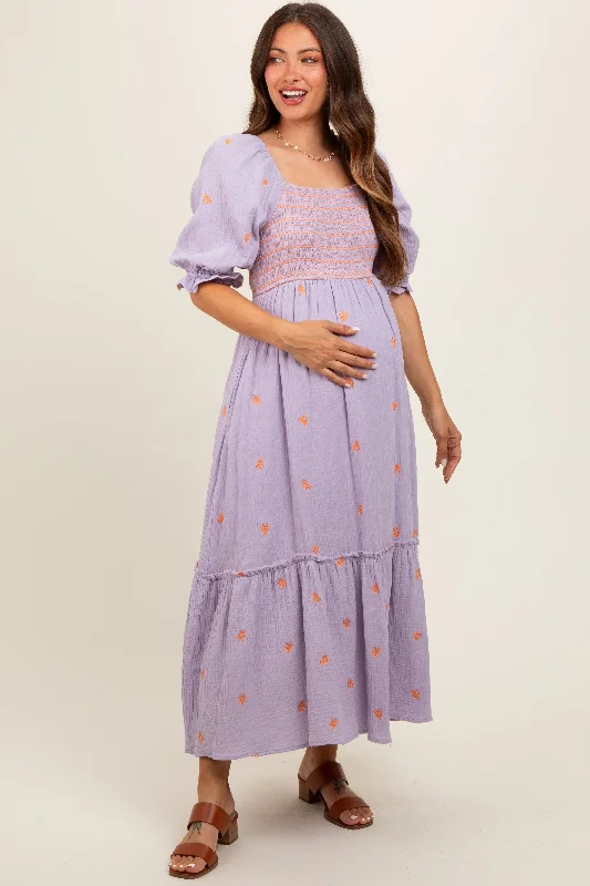 Empire Waist DressLavender Gauze Smocked Embroidered Square Neck Maternity Midi Dress