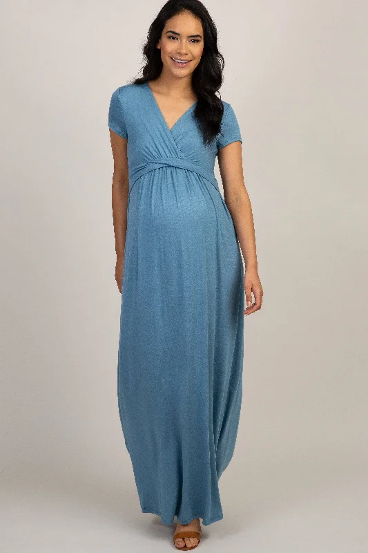 Denim DressPinkBlush Blue Draped Maternity/Nursing Maxi Dress