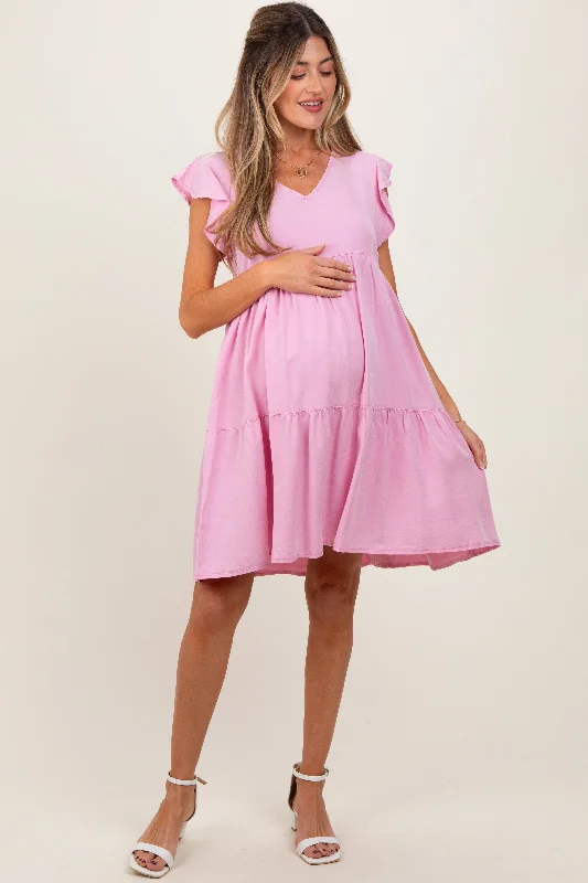 Bridal DressLight Pink Flutter Sleeve Tiered Maternity Dress