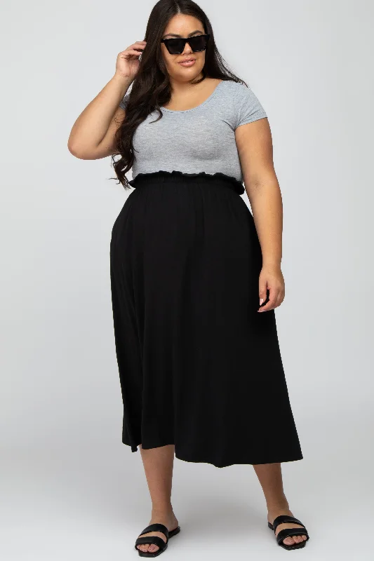 Black Gathered Waist Plus Midi SkirtUniform Skirt