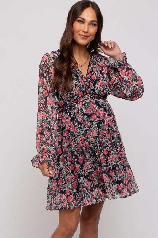 Denim DressBlack Floral Ruffle Accent Maternity Dress