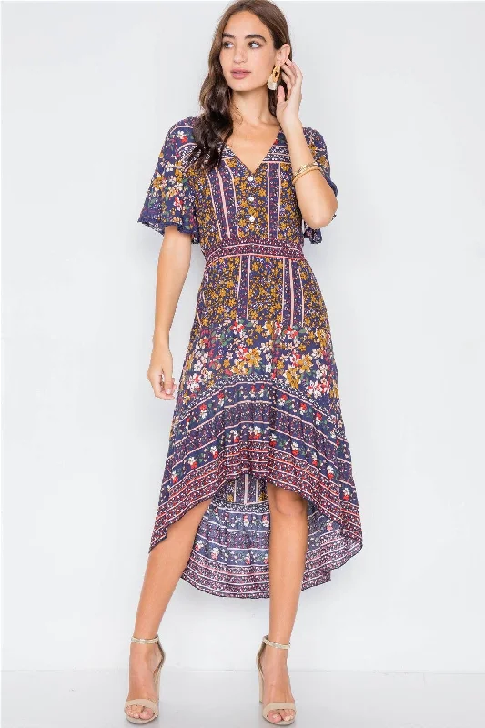 Fit-and-Flare DressNavy Floral High-Low V-Neck Midi Dress  /2-2-2