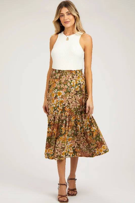 Brown Floral Smocked Waist Tiered Maternity Midi SkirtHigh-waisted Skirt