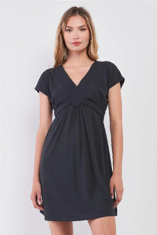 Short-sleeve DressDusty-Navy V-Neck Short Sleeve Front Rhombus Detail Back Tie Mini Dress /1-2-2-1