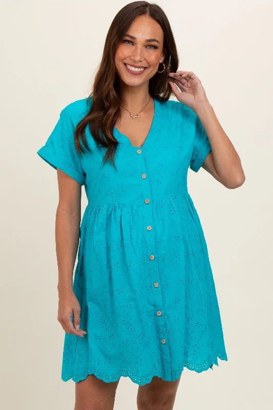 Bridal GownTurquoise Eyelet Button Front Short Sleeve Maternity Dress