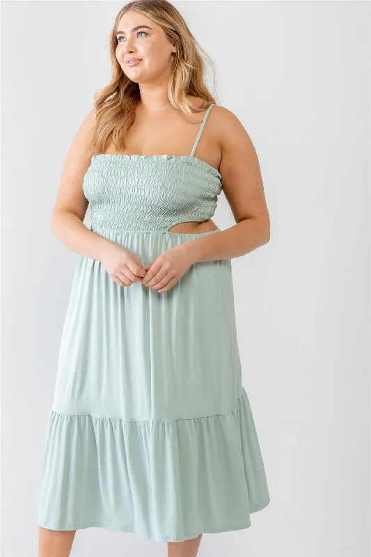 High-visibility DressJunior Plus Sage Smocked Sleeveless Cut-Out Strappy Flare Midi Dress /2-2