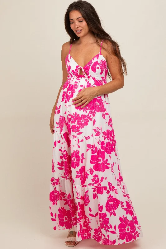 Opaque DressFuchsia Tropical Floral Open Back Maternity Maxi Dress