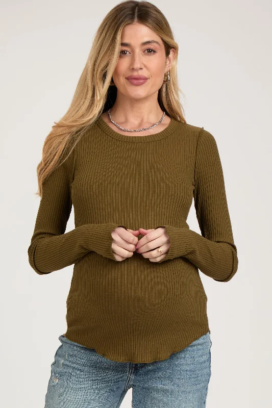 Olive Ribbed Maternity Long Sleeve Top