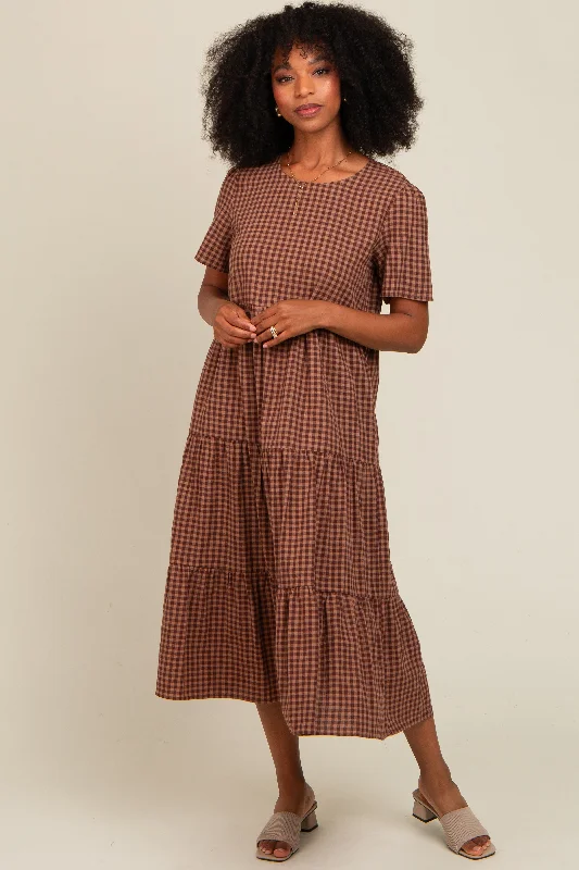 Thermal DressMocha Gingham Tiered Midi Dress