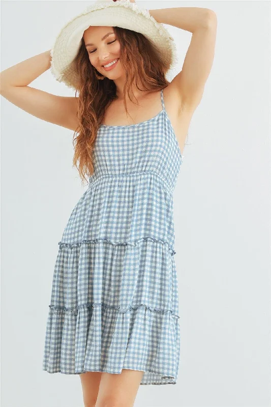 Waterproof DressWhite & Blue Plaid Strappy Ruffle Mini Dress /1-2-2