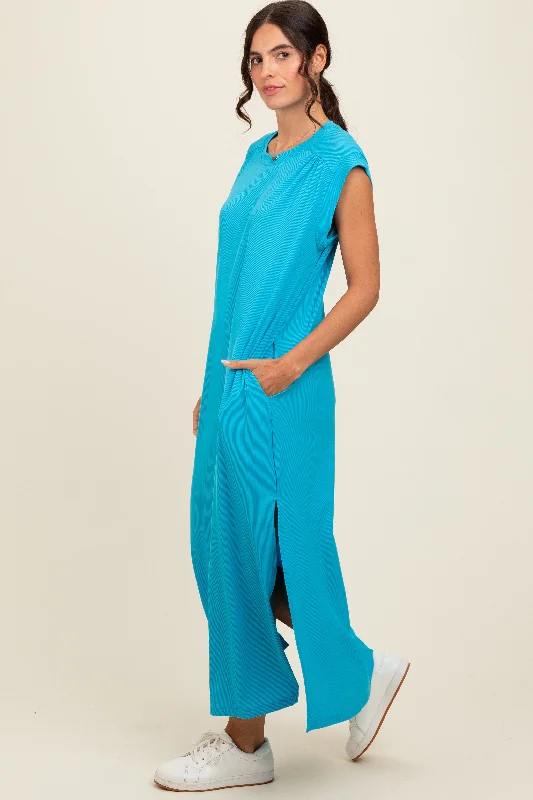 Shift DressBlue Short Dolman Sleeve Side Slit Maxi Dress