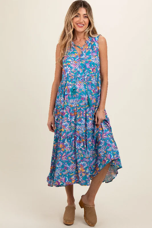 Kaftan DressTeal Floral Ruffle Mock Neck Tiered Sleeveless Maternity Midi Dress