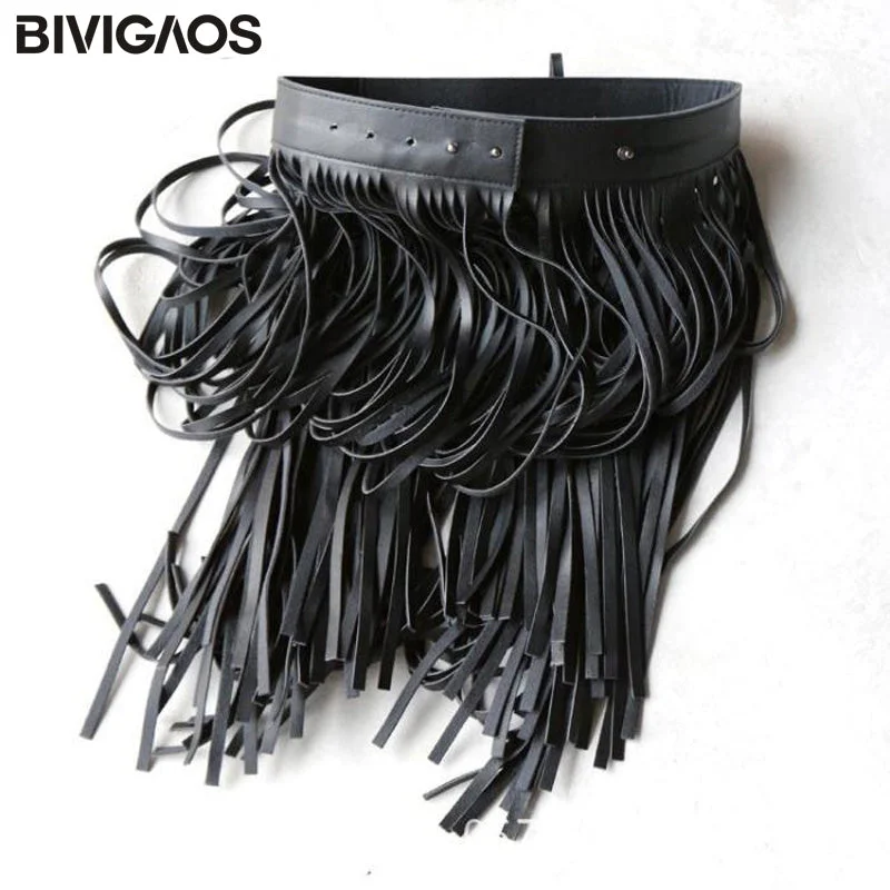 BIVIGAOS Womens PU Leather Girdle Long Skirt Tassel Belt Skirts Female Wild Gypsy Style Skirts Adjustable Faldas Largas SaiasGolf Skirt