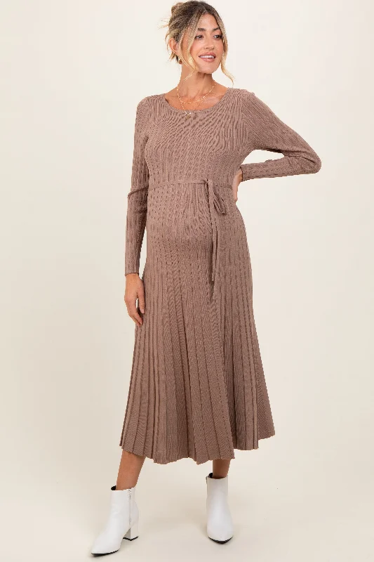 Strapless DressMocha Pleated Waist Tie Maternity Midi Sweater Dress