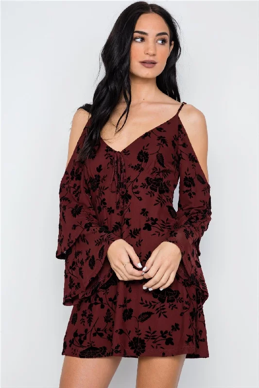 Shift DressWine Burnout Velvet Cold Shoulder Tiered Bell Sleeve Mini Dress /3-2-1